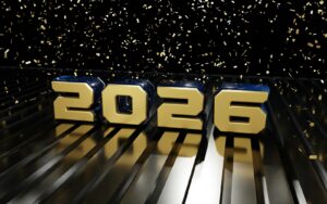 Golden 2026 numbers with falling confetti